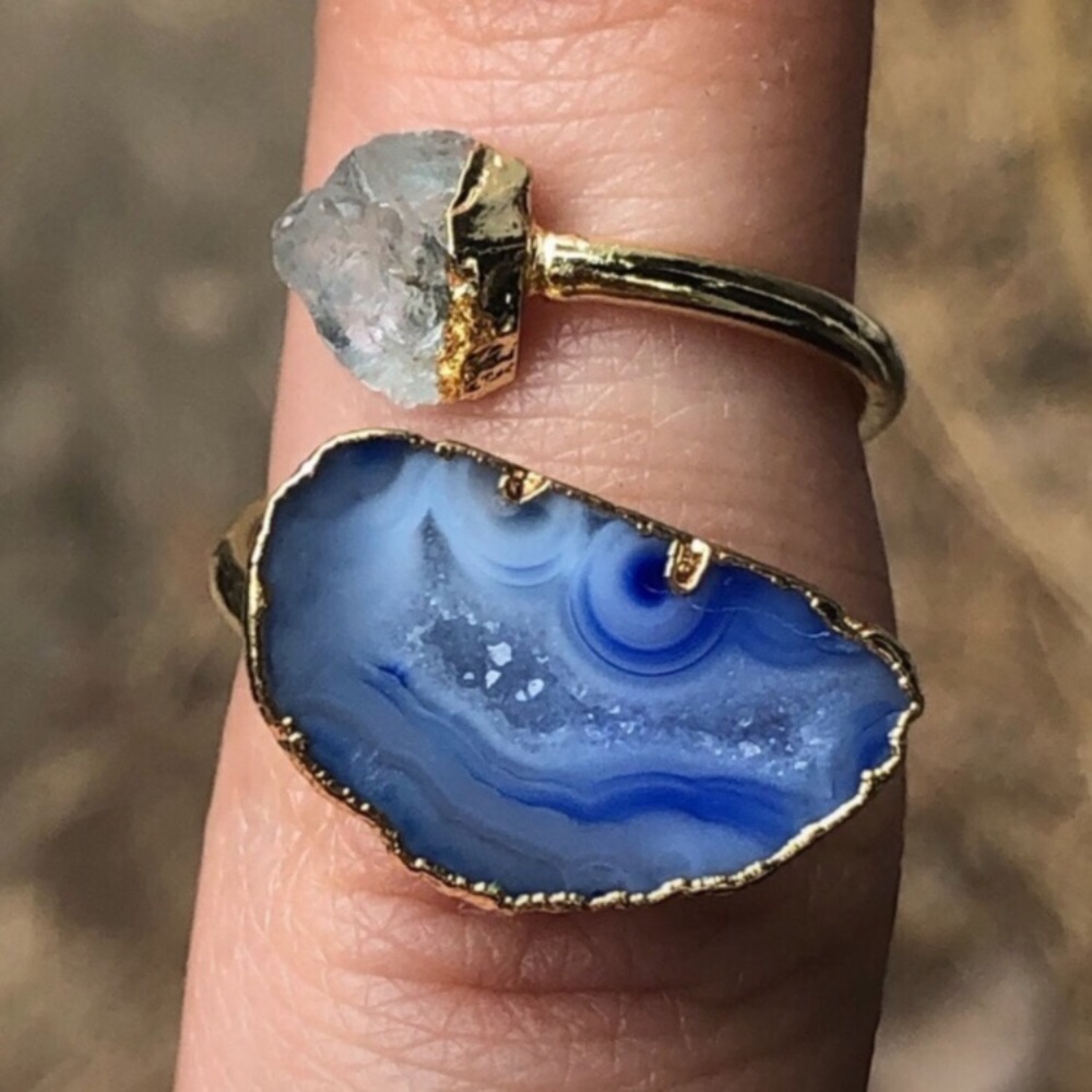 Gold Blue Agate Druzy & Aquamarine Wrap Boho Ring